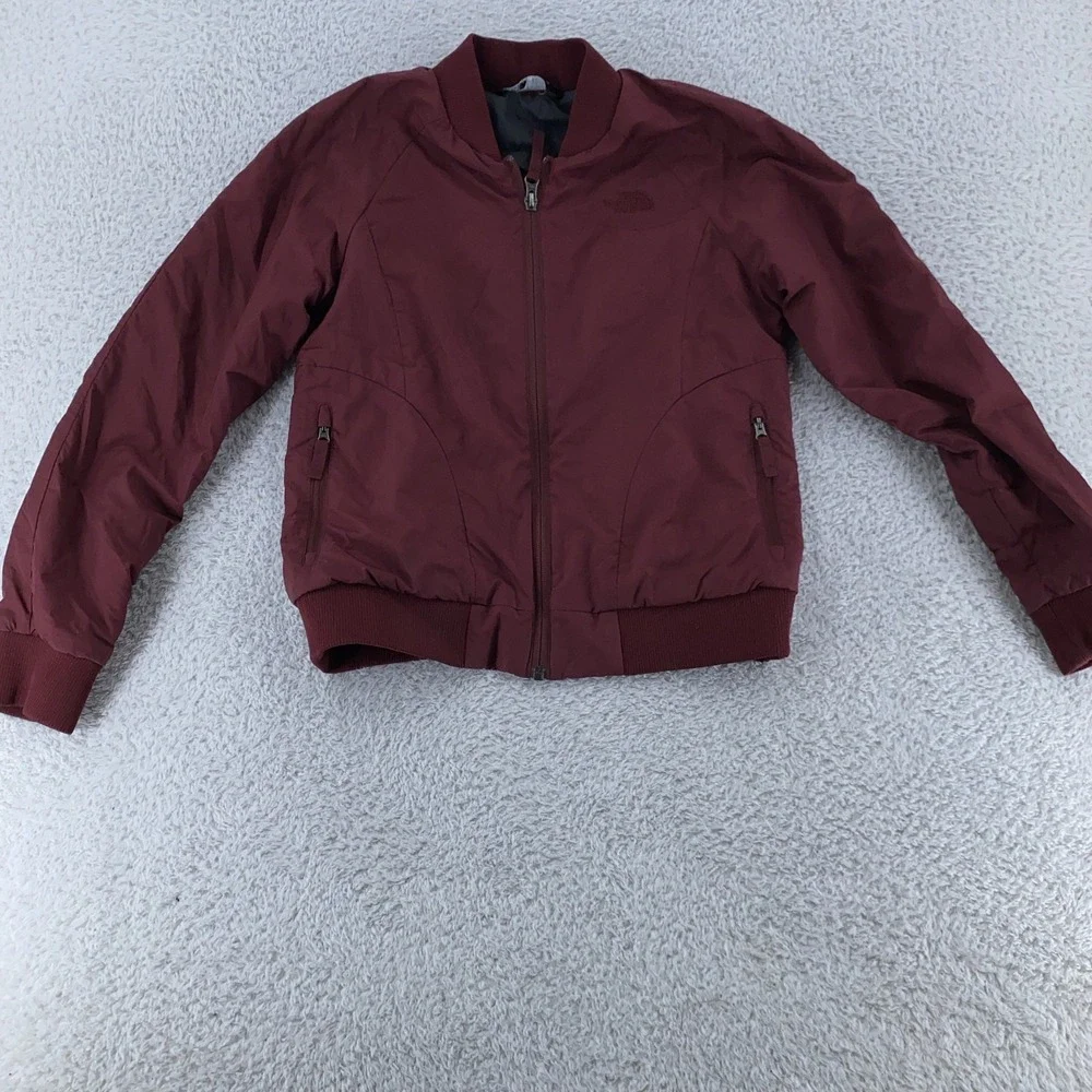 The North Face Maroon Bomber Jacket Girls Medium Full‎ Zip Insulated Youth Coat
